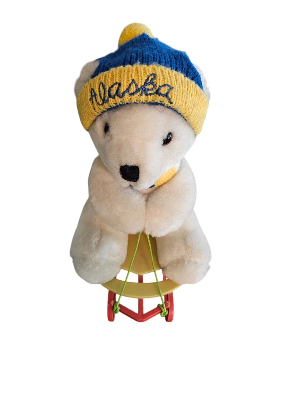 Vintage 1980s DAKIN Plush Teddy Bear Riding Sled Alaska Souvenir